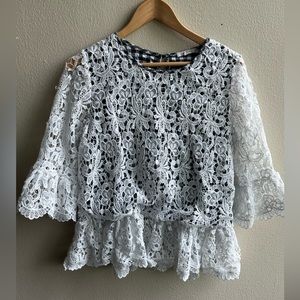 Pleione White Crochet Lace Bell Sleeve top